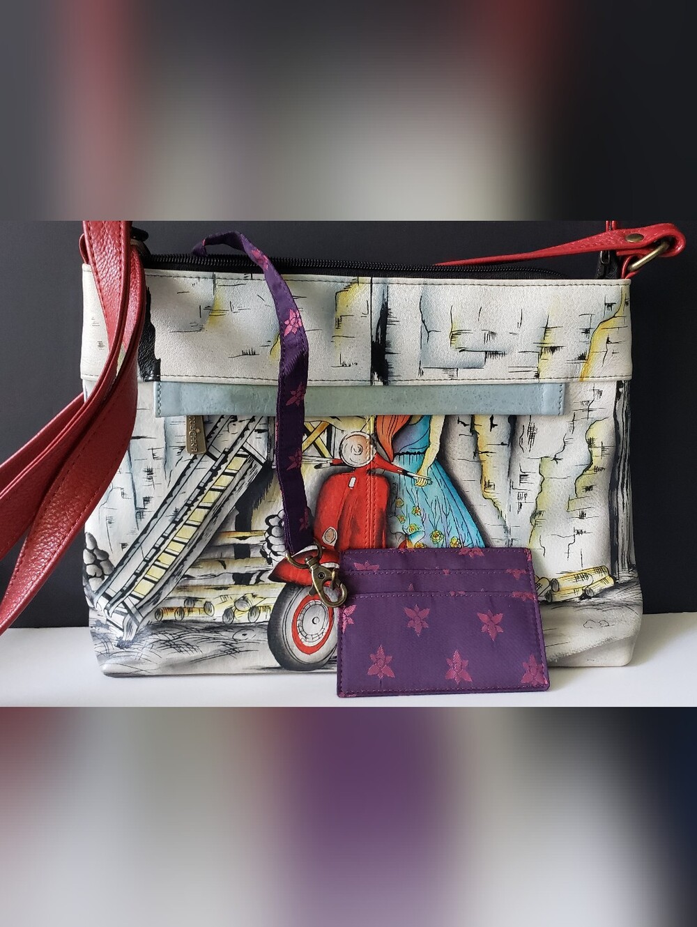 NWT Anuschka Leather Asymmetric Crossbody Bag Roman Dreams Scooter Art 8354 - Picture 10 of 16